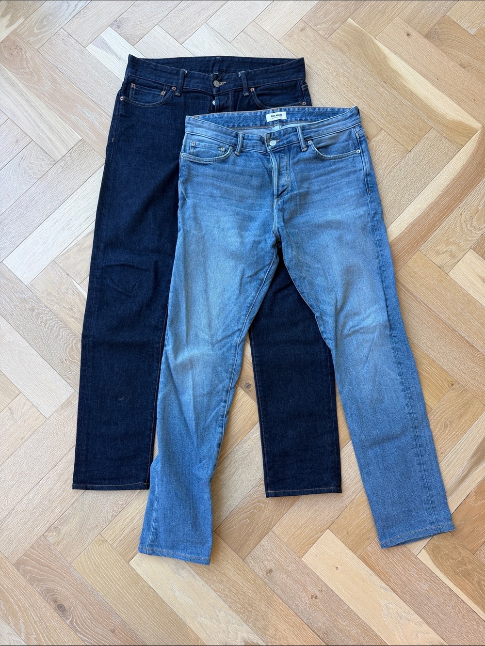 Buck Mason Slim Straight Jeans in Light Blue and Dark Indigo